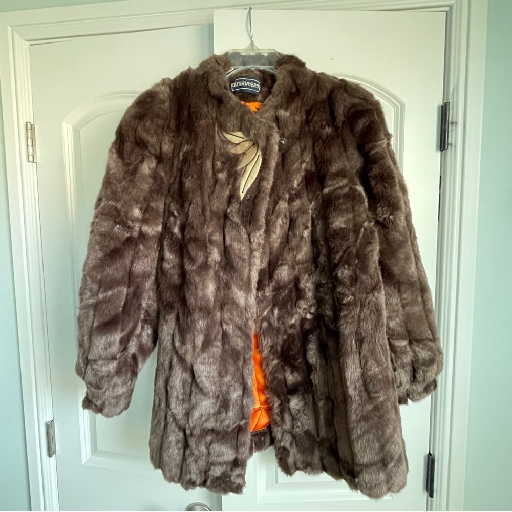 Vintage Chateau Brown Faux Fur Coat with beautiful leather accents